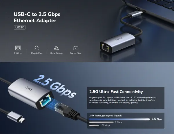 Cudy UE25C, USB-C adapter za Ethernet od 2.5 Gbps, 10/100/1000/2500 Mbps Slika 2