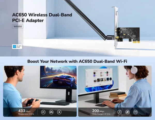Cudy WE650,AC650  Bezicni PCI-E adapter sa dva opsega, 433 Mbps + 200 Mbps ,Dual-Band Wi-Fi 5 Slika 4