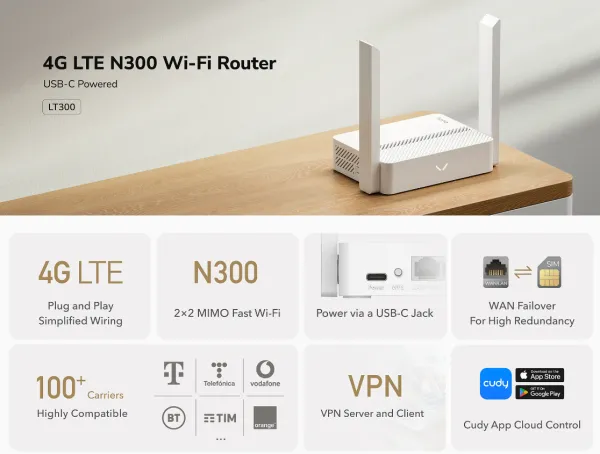 Cudy LT300 4G LTE N300 Wi-Fi Router,USB-C Power Input, 2.4GHz, 300Mbps Slika 7