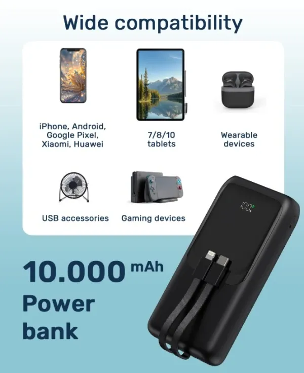 PB10-PD20-LCD-01 Gembird 20 W prenosni punjaè sa brzim punjenjem i integrisanim kablovima, 10000 mAh Slika 8