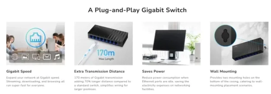 Cudy GS108D V7.0,8-Portni Gigabit Desktop Switch,USB-C, 170m Slika 5