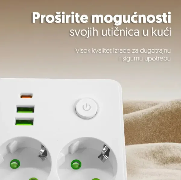 PROSTO Razdelnik 220V 2x Šuko uticnica bela,2USB+TypeC,IP20 Slika 2