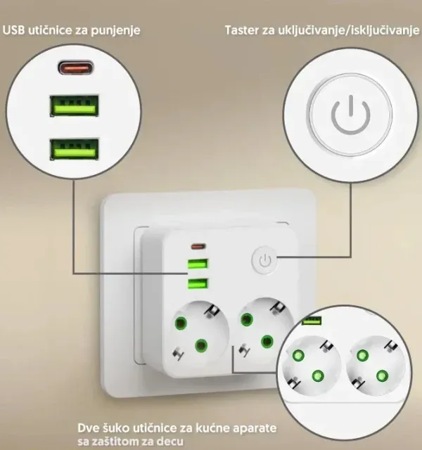 PROSTO Razdelnik 220V 2x Šuko uticnica bela,2USB+TypeC,IP20 Slika 3