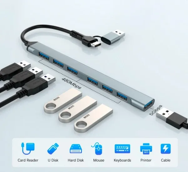 UHB-ACM-U3P1U2P6-01 Gembird 7-port USB hub (1x USB 3.2 + 6x USB 2.0), USB-A + USB-C, silver Slika 6