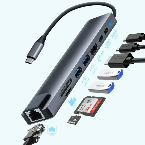 Adapter-konverter USB Tip C Zeus 11/1 1xUSB3.0/3xUSB2.0/HDMI/TF/SD/Audio/RJ45/VGA/Tip C PD Slika 1