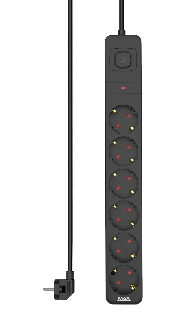 Produžni kabl sa prenaponskom zaštitom/prekidač/indikator 6 utičnice 1.4m Max MPS-306SOPB-1.4M Crni Slika 1