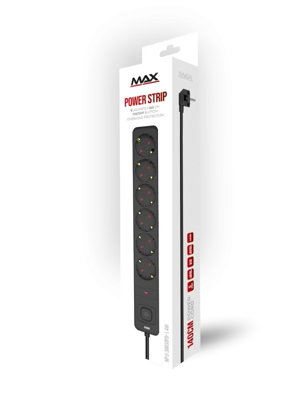 Produžni kabl sa prenaponskom zaštitom/prekidač/indikator 6 utičnice 1.4m Max MPS-306SOPB-1.4M Crni Slika 2