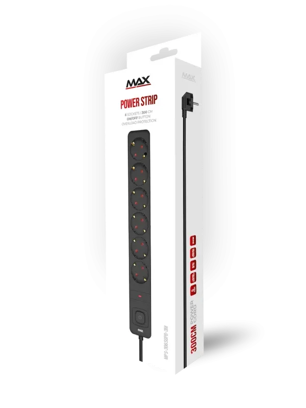 Produžni kabl sa i prekidačem 6 utičnice 3m Max MPS-106SB-3M Crni Slika 2