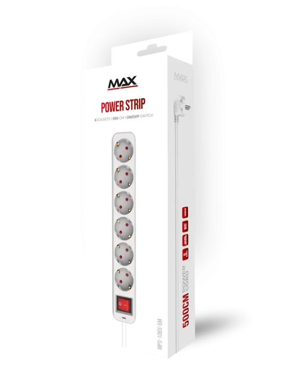 Produžni kabl sa prekidačem 6 utičnica 5m Max MPS-106S-5M Beli Slika 2