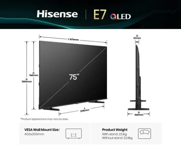 SMART QLED TV 75 Hisense 75E7Q 3840x2160/UHD/4K/DVB-T2/S2/C Slika 3