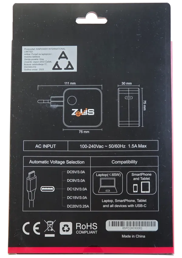 Punjač univerzalni ZEUS ZUS-NB65 PDC USB-C 65W za laptop,tablet,smart phone Slika 3