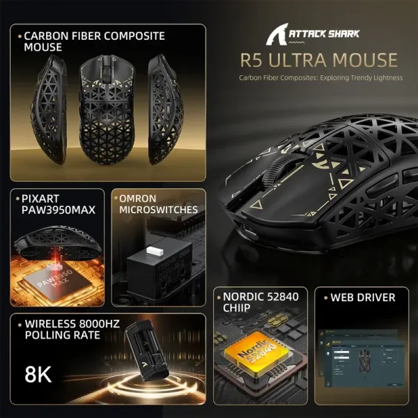 Bežični gaming miš Attack Shark R5Ultra PAW3950MAX/Carbon Fiber/Superlight/8KHz/Omron Switches/Black Slika 4