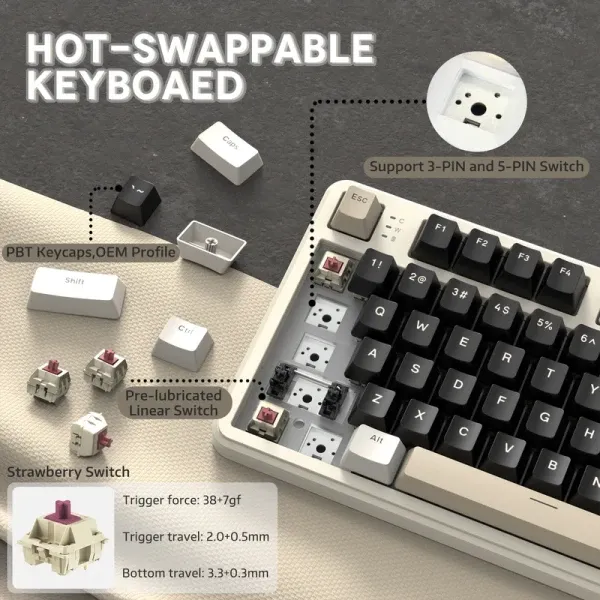Bežična gaming tastatura Attack Shark X87 Mehanička/TriMode/4000mAh/Hot Swap/Cheese White Slika 4