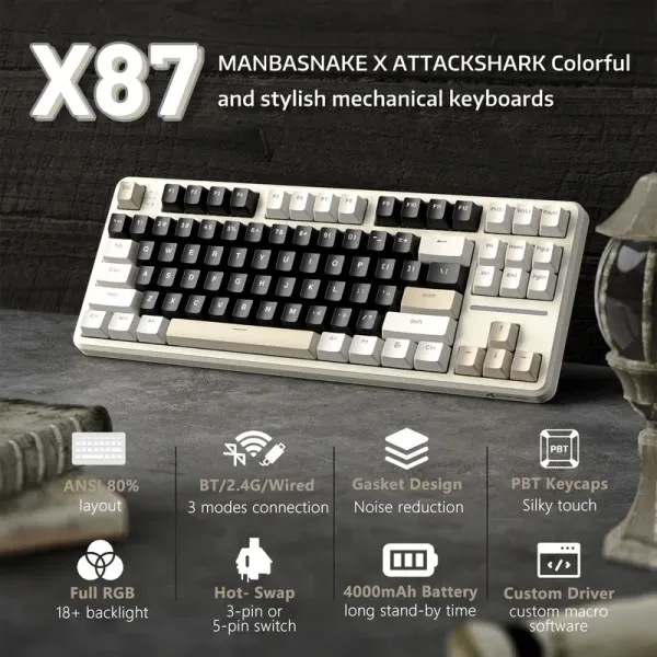 Bežična gaming tastatura Attack Shark X87 Mehanička/TriMode/4000mAh/Hot Swap/Cheese White Slika 3