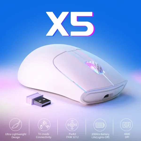Bežični gaming miš Attack Shark X5 TriMode/Superlight/LongBattery/RGB Click/Ergonomic/White Slika 3